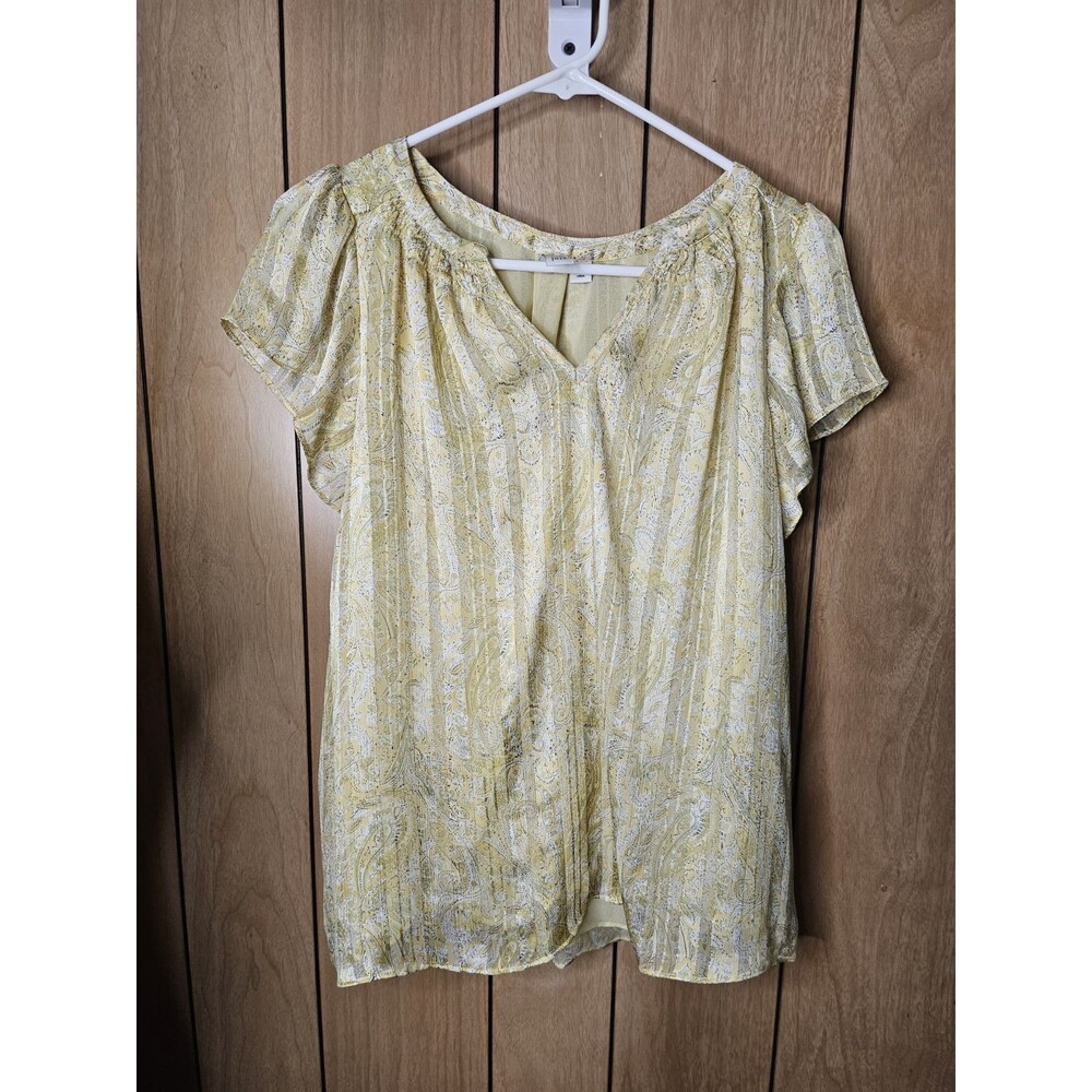 Joie Womens Large Yellow Paisley Metallic Blouse Flutter Sleeve Peasant Boho Top